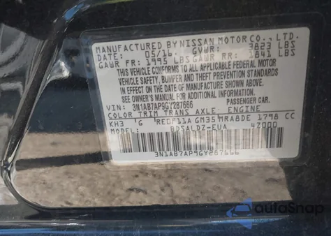 2016 Nissan Sentra Fe+ S/S/Sl/Sr/Sv из США, поврежденный, VIN 3N1AB7AP9GY287666